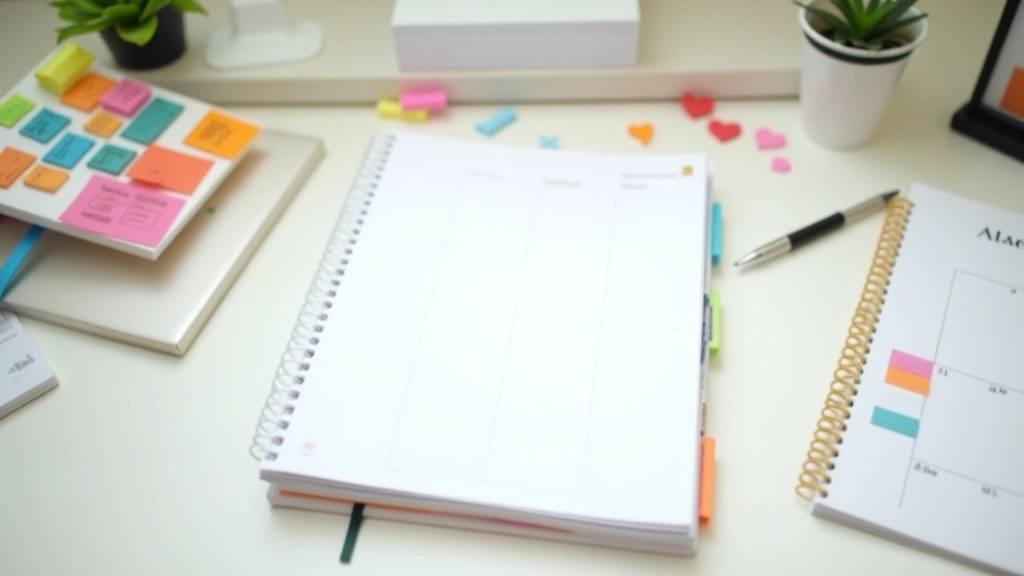 Organized desk setup with calendar, planner, and color-coded task system showing structured priority management
