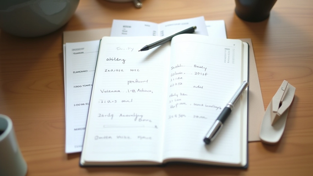 Open notebook with handwritten schedule and daily planner on clean desk surface