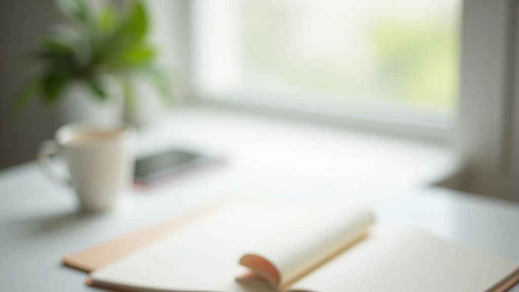 Organized desk workspace with notebook, pen, and coffee cup showing a clean, distraction-free environment for focused work