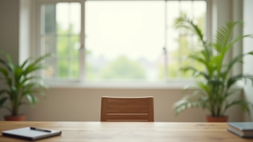 Peaceful home office workspace with large window, natural light, minimal desk items, and calming neutral colors creating optimal deep work environment