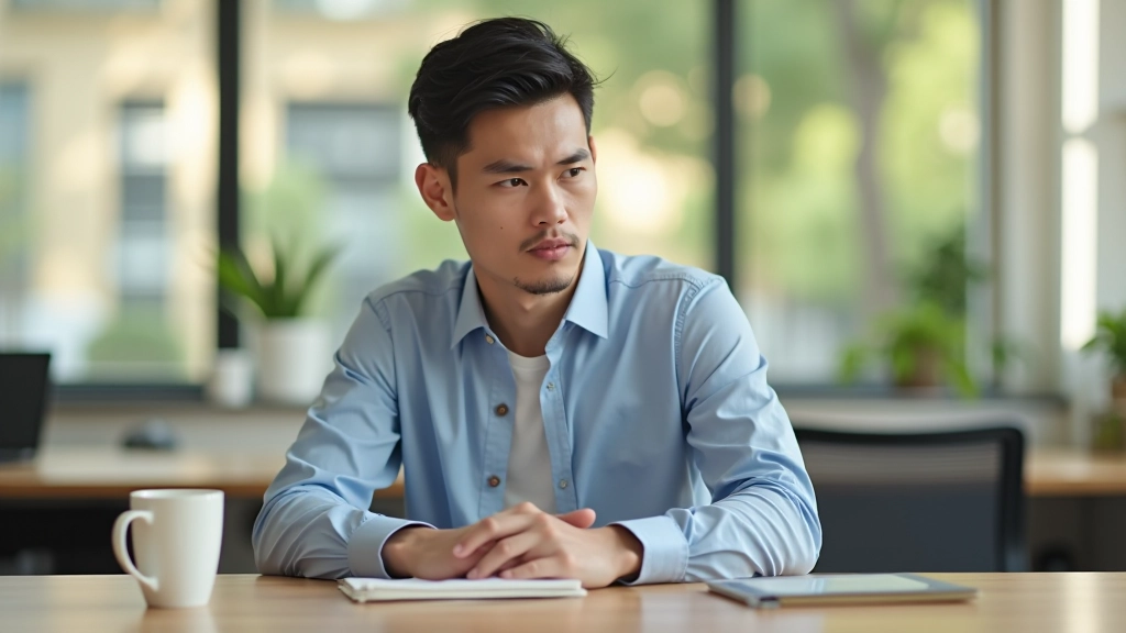 Person sitting at clean desk with coffee cup, notebook, and laptop in morning sunlight, focused and ready to work