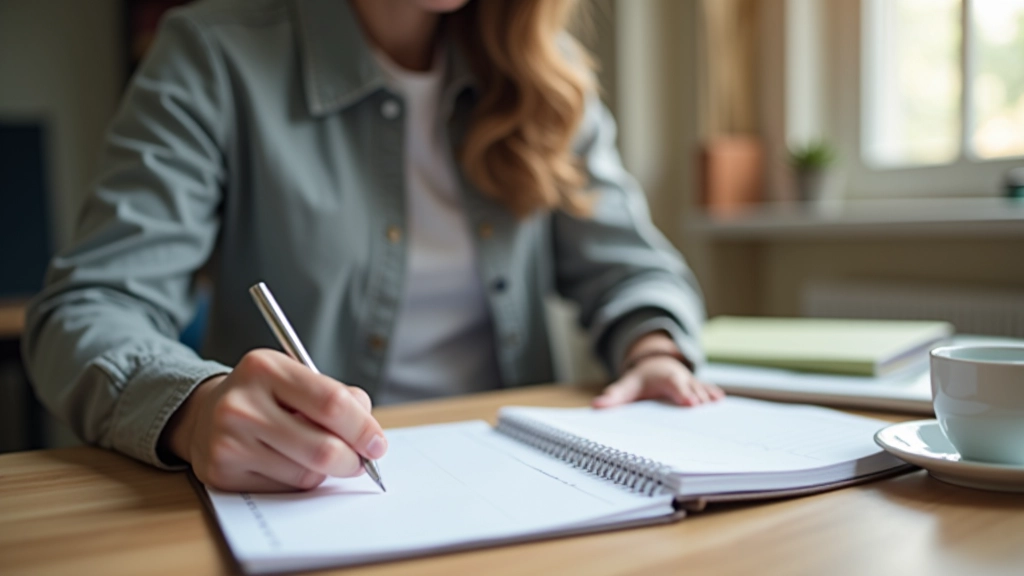 Person writing in planner at wooden desk with coffee cup and organized workspace