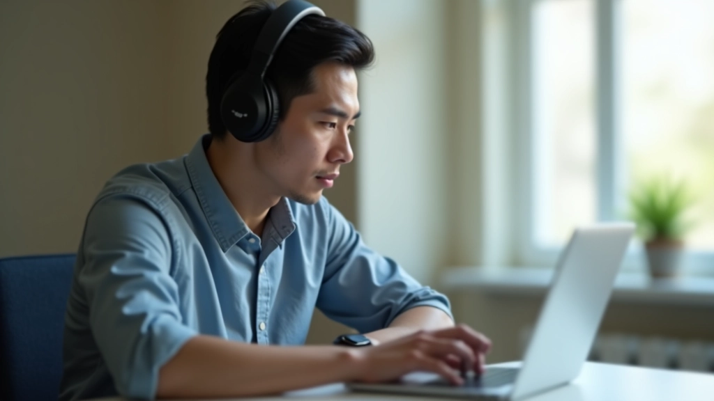 Person in focused work state at laptop with noise-canceling headphones during deep work session
