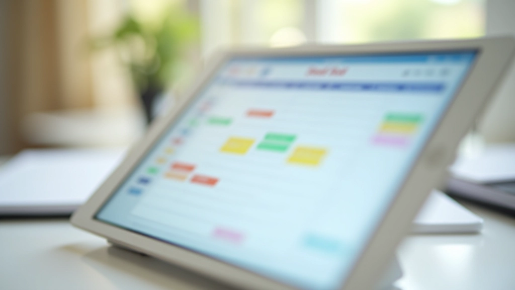 Digital calendar on tablet showing color-coded schedule blocks and time management system